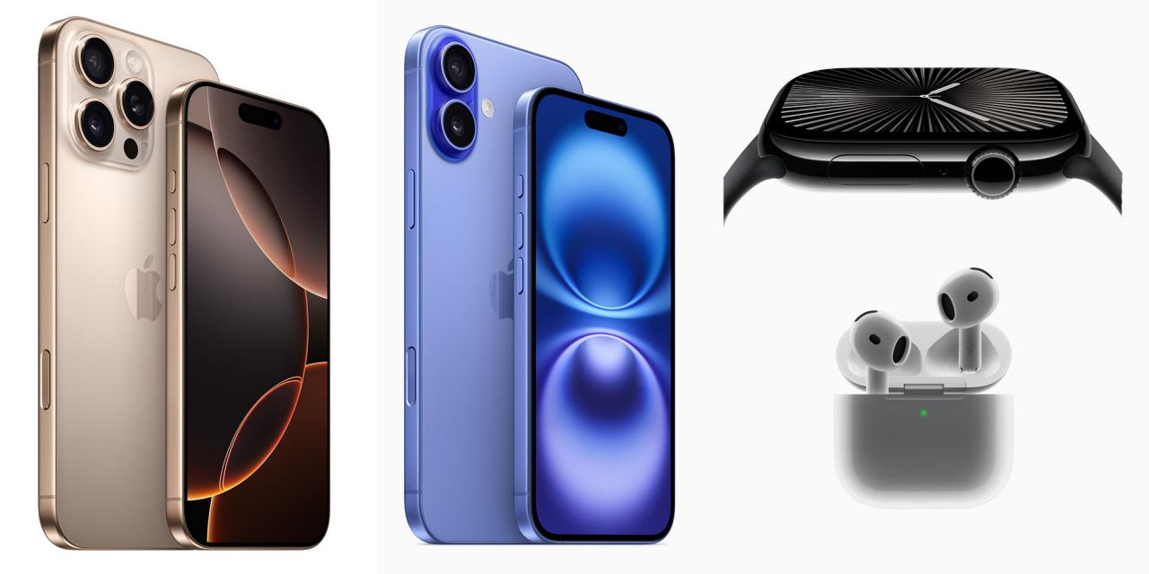 iPhone 16 Pro, iPhone 16 Pro, Apple Watch Series 10, AirPods 4 shown