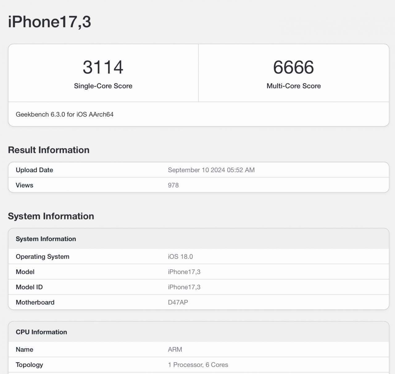 iPhone 16 A18 Geekbench result